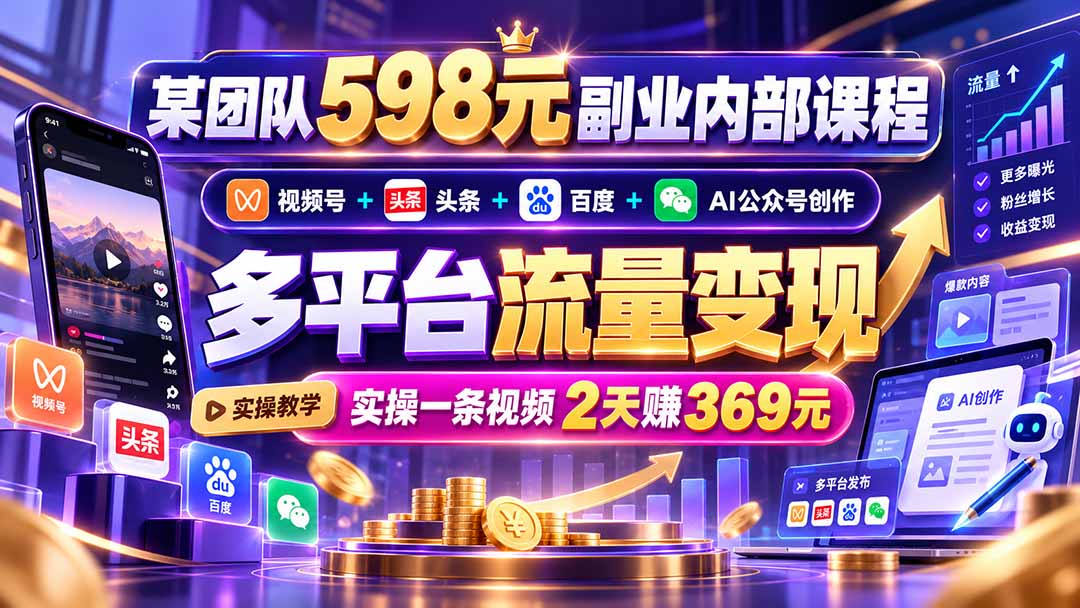 某团队598元副业内部课程:视频号+头条+百度+AI公众号创作、多平台流量变现,实操一条视频2天赚369元-来聚吧