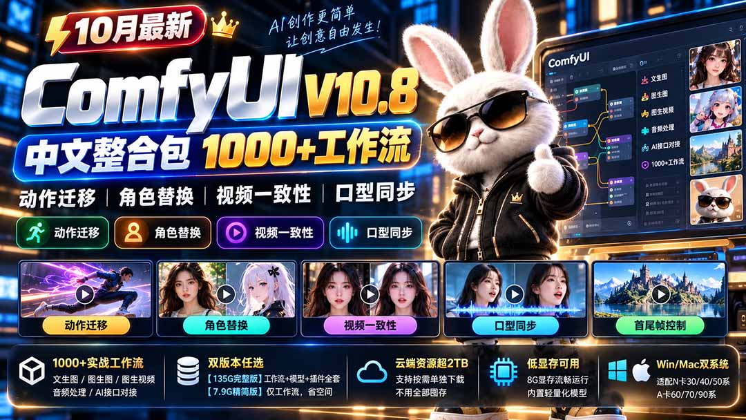 10月最新ComfyUI V10.8中文整合包 1000+工作流 动作迁移 角色替换 视频一致性 口型同步 低显存可用-来聚吧