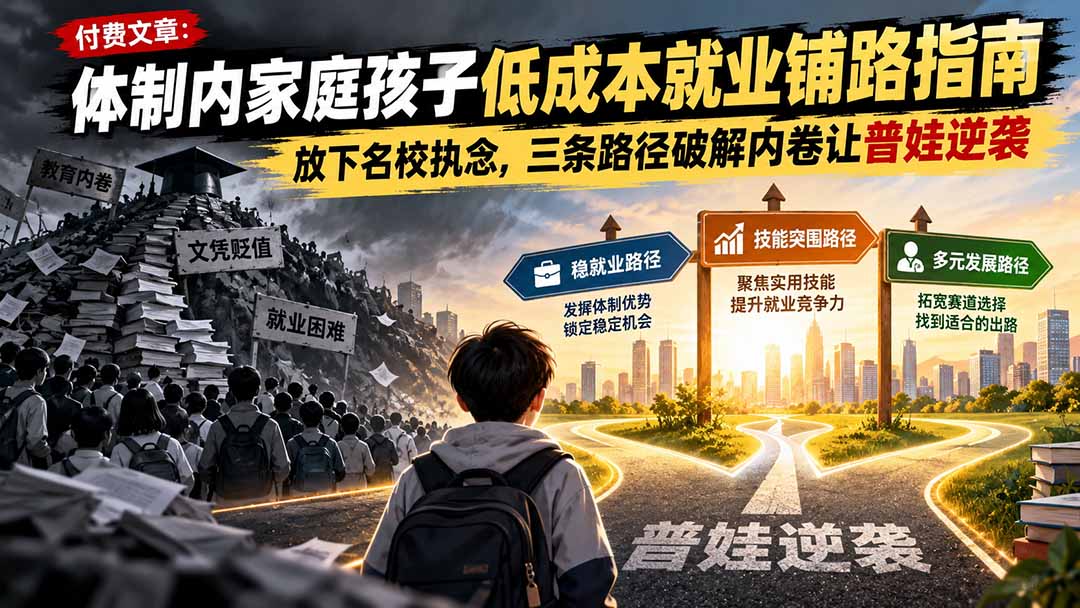 付费文章:体制内家庭孩子低成本就业铺路指南,放下名校执念,三条路径破解内卷让普娃逆袭-来聚吧