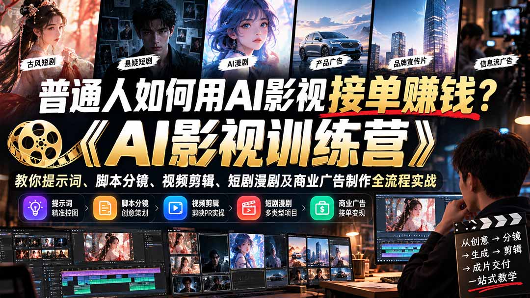 普通人如何用AI影视接单赚钱？《AI影视训练营》教你提示词、脚本分镜、视频剪辑、短剧漫剧及商业广告制作全流程实战-来聚吧