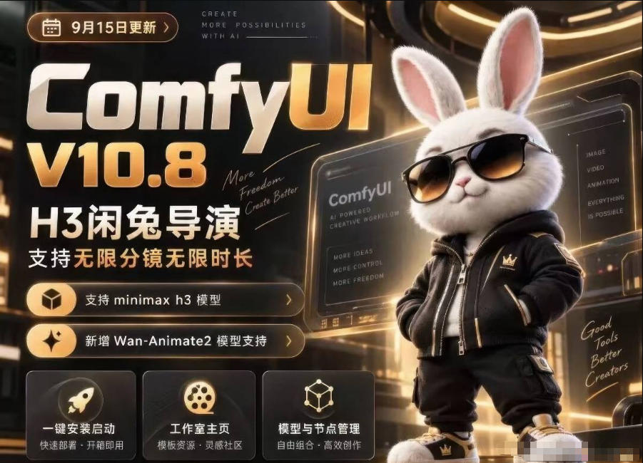 ComfyUI V10.8中文整合包,H3闲兔导演,支持无限分镜无限时长,1000+工作流,动作迁移,角色替换,视频一致性,口型同步,低显存可用-来聚吧
