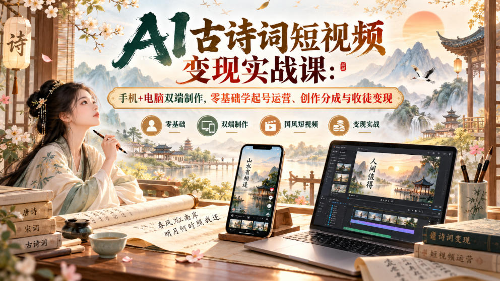 AI古诗词短视频变现实战课:手机+电脑双端制作,零基础学起号运营、创作分成与收徒变现-来聚吧