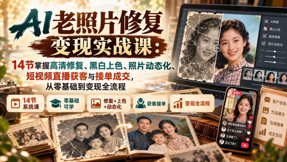 AI老照片修复变现实战课：14节掌握高清修复、黑白上色、照片动态化、短视频直播获客与接单成交，从零基础到变现全流程-来聚吧