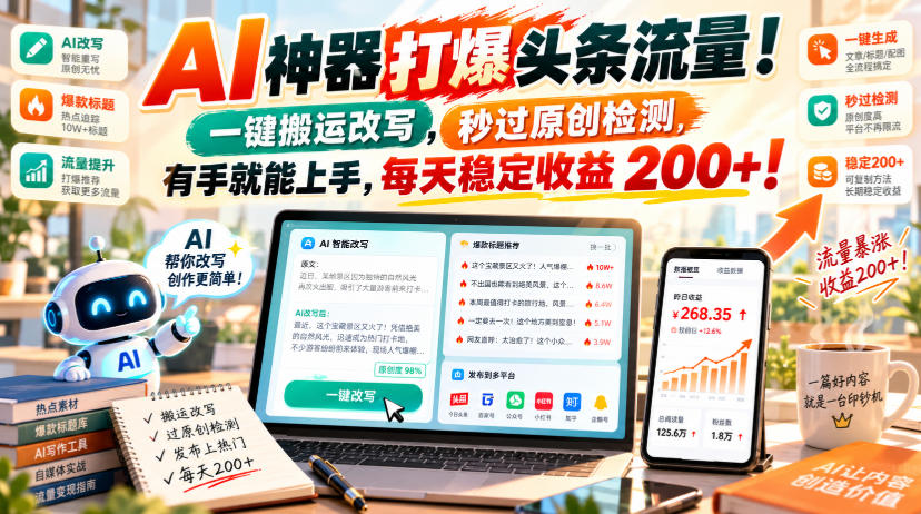 AI神器打爆头条流量，一键搬运改写，秒过原创检测，有手就能上手，每天稳定收益200+！【揭秘】-来聚吧