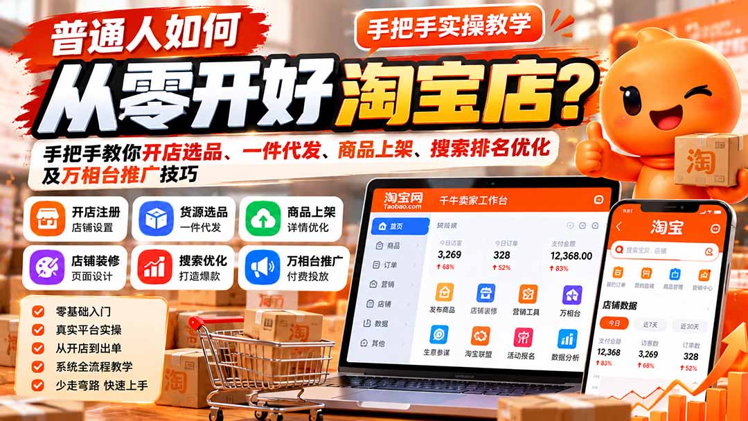普通人如何从零开好淘宝店?手把手教你开店选品、一件代发、商品上架、搜索排名优化及万相台推广技巧-来聚吧