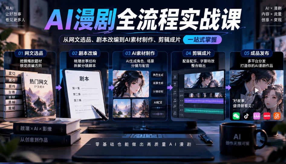 AI漫剧全流程实战课，覆盖从网文选品、剧本改编到AI素材制作、剪辑成片的完整链路-来聚吧