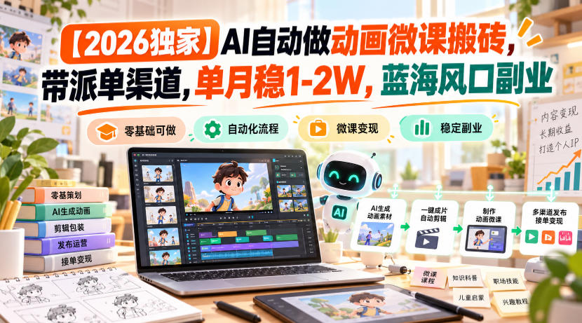 【2026独家】AI自动做动画微课搬砖，带派单渠道，单月稳1-2W，蓝海风口副业【揭秘】-来聚吧