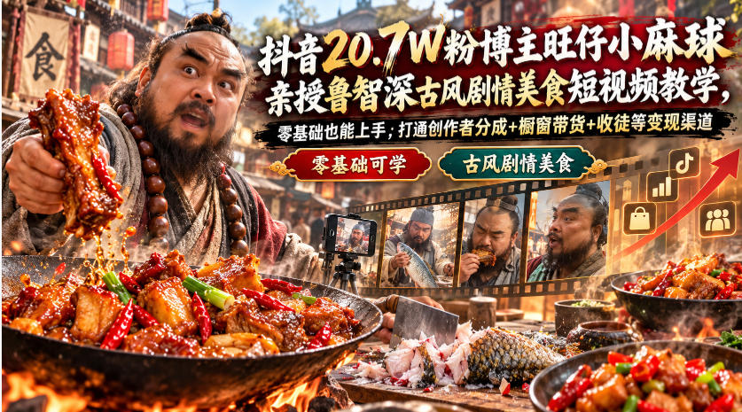抖音20.7W粉博主旺仔小麻球亲授鲁智深古风剧情美食短视频教学，零基础也能上手，打通创作者分成+橱窗带货+收徒等变现渠道-来聚吧