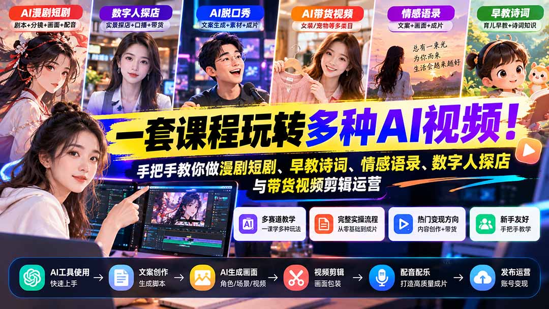 【无水印】一套课程玩转多种AI视频！手把手教你做漫剧短剧、早教诗词、情感语录、数字人探店与带货视频剪辑运营-来聚吧