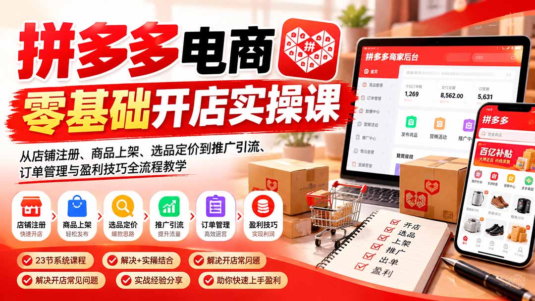 拼多多电商零基础开店实操课:从店铺注册、商品上架、选品定价到推广引流、订单管理与盈利技巧全流程教学-来聚吧