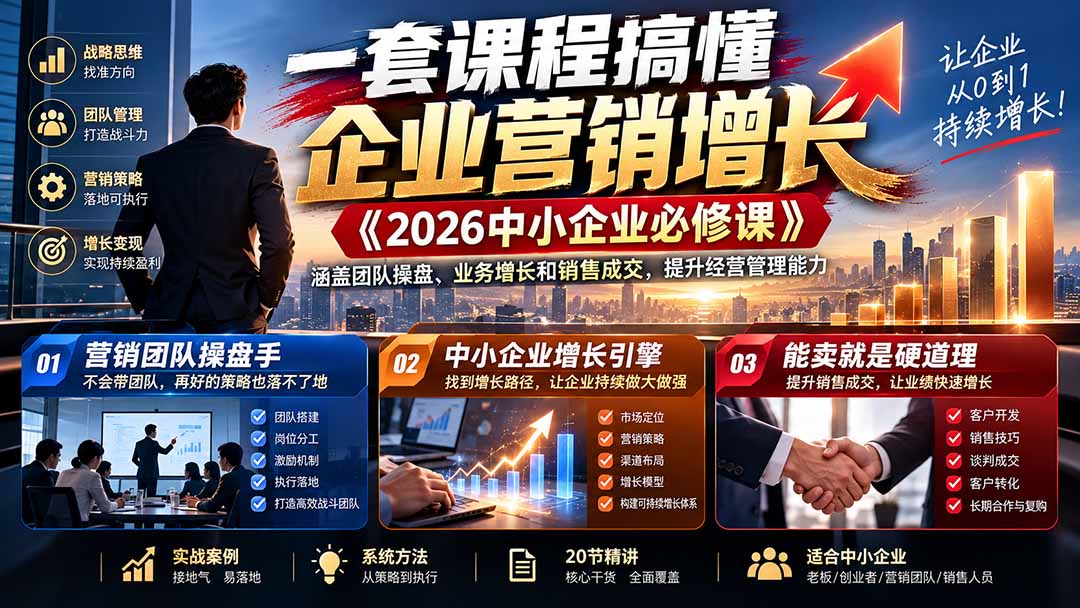 一套课程搞懂企业营销增长《2026中小企业必修课》涵盖团队操盘、业务增长和销售成交，提升经营管理能力-来聚吧