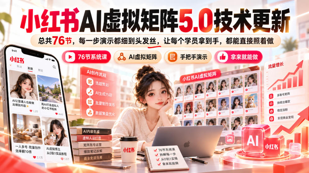 小红书AI虚拟矩阵5.0技术更新，总共76节，每一步演示都细到头发丝，让每个学员拿到手，都能直接照着做-来聚吧