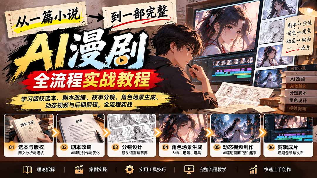 从一篇小说到一部完整AI漫剧：学习版权选本、剧本改编、故事分镜、角色场景生成、动态视频与后期剪辑-来聚吧