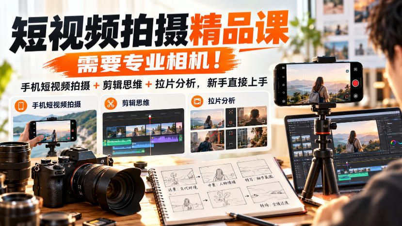 短视频拍摄精品课，需要专业相机！手机短视频拍摄+剪辑思维+拉片分析，新手直接上手-来聚吧