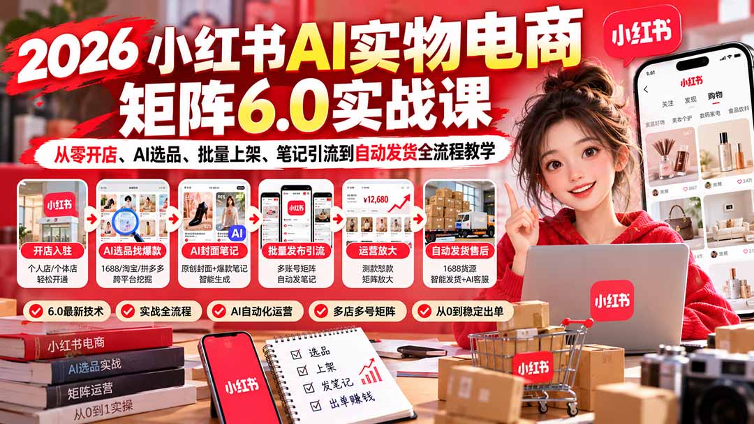 2026小红书AI实物电商矩阵6.0实战课：从零开店、AI选品、批量上架、笔记引流到自动发货全流程教学-来聚吧
