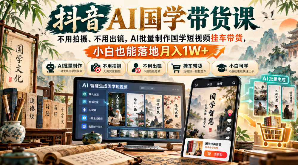 抖音AI国学带货课，不用拍摄、不用出镜，AI批量制作国学短视频挂车带货，小白也能落地月入1W+-来聚吧