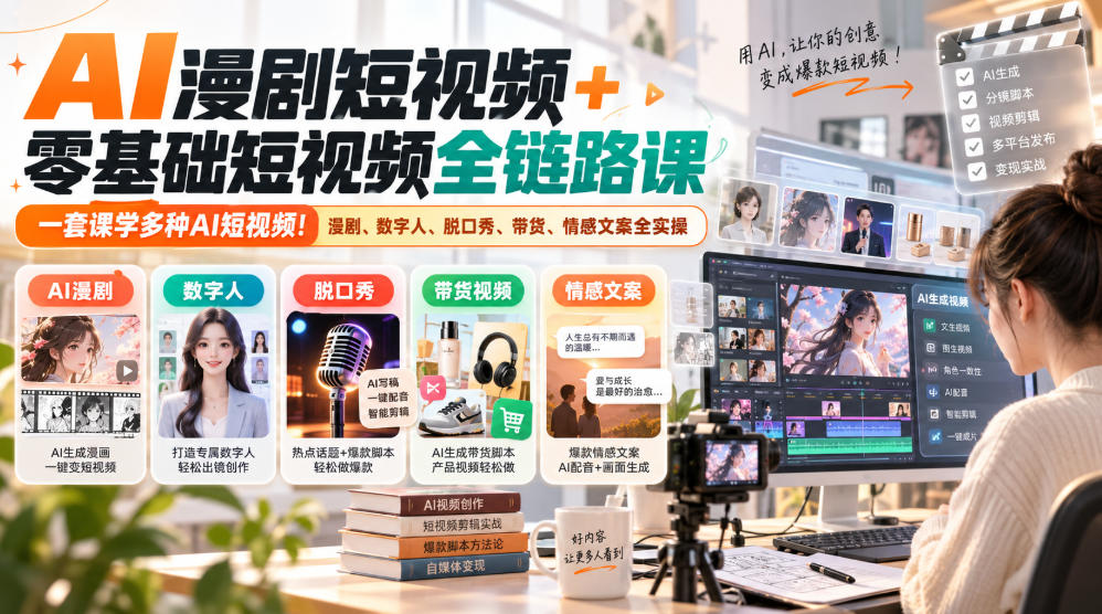AI漫剧短视频+零基础短视频全链路课，一套课学多种AI短视频！漫剧、数字人、脱口秀、带货、情感文案全实操-来聚吧